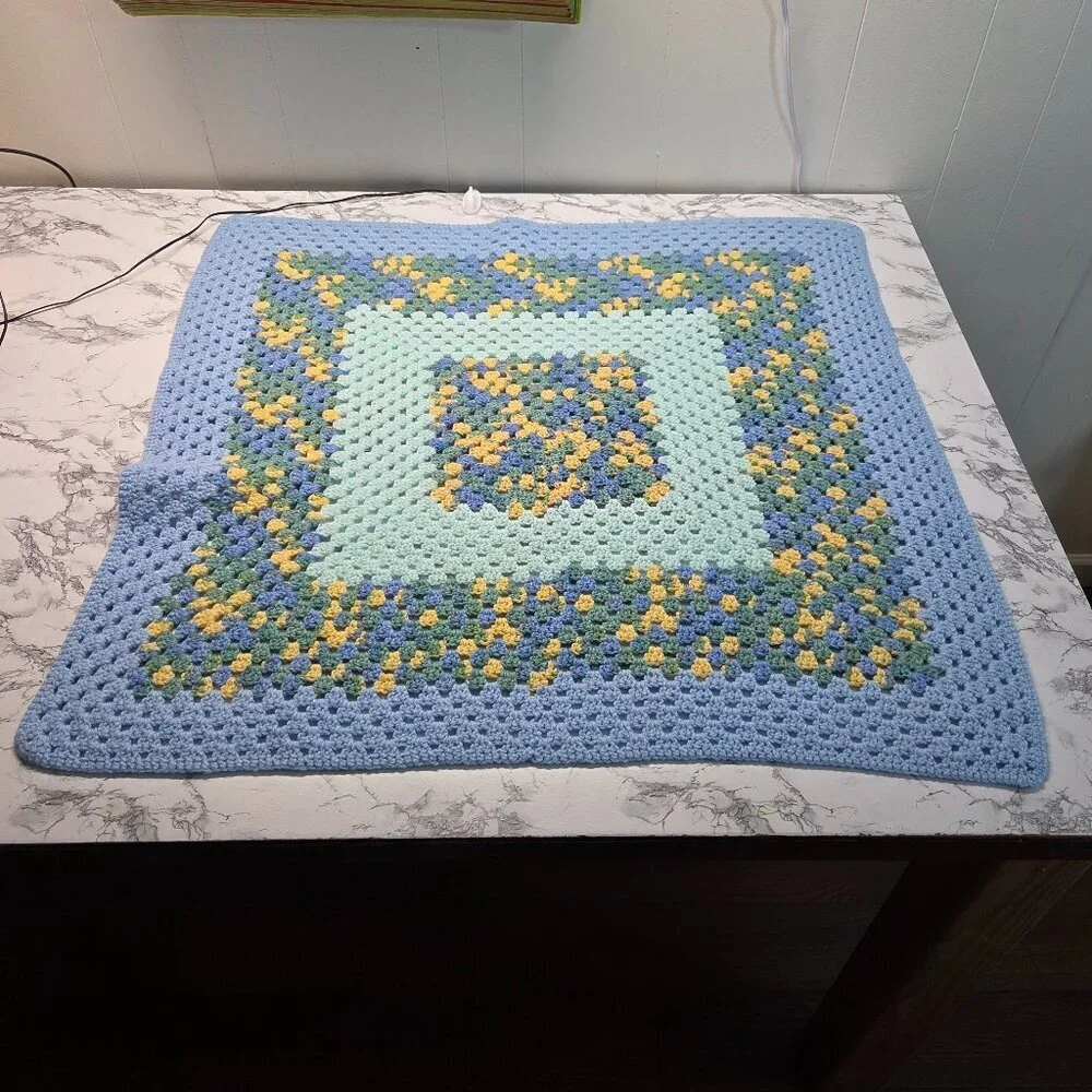 Handmade Blue Yellow Crocheted Granny Patch Baby Blanket Throw